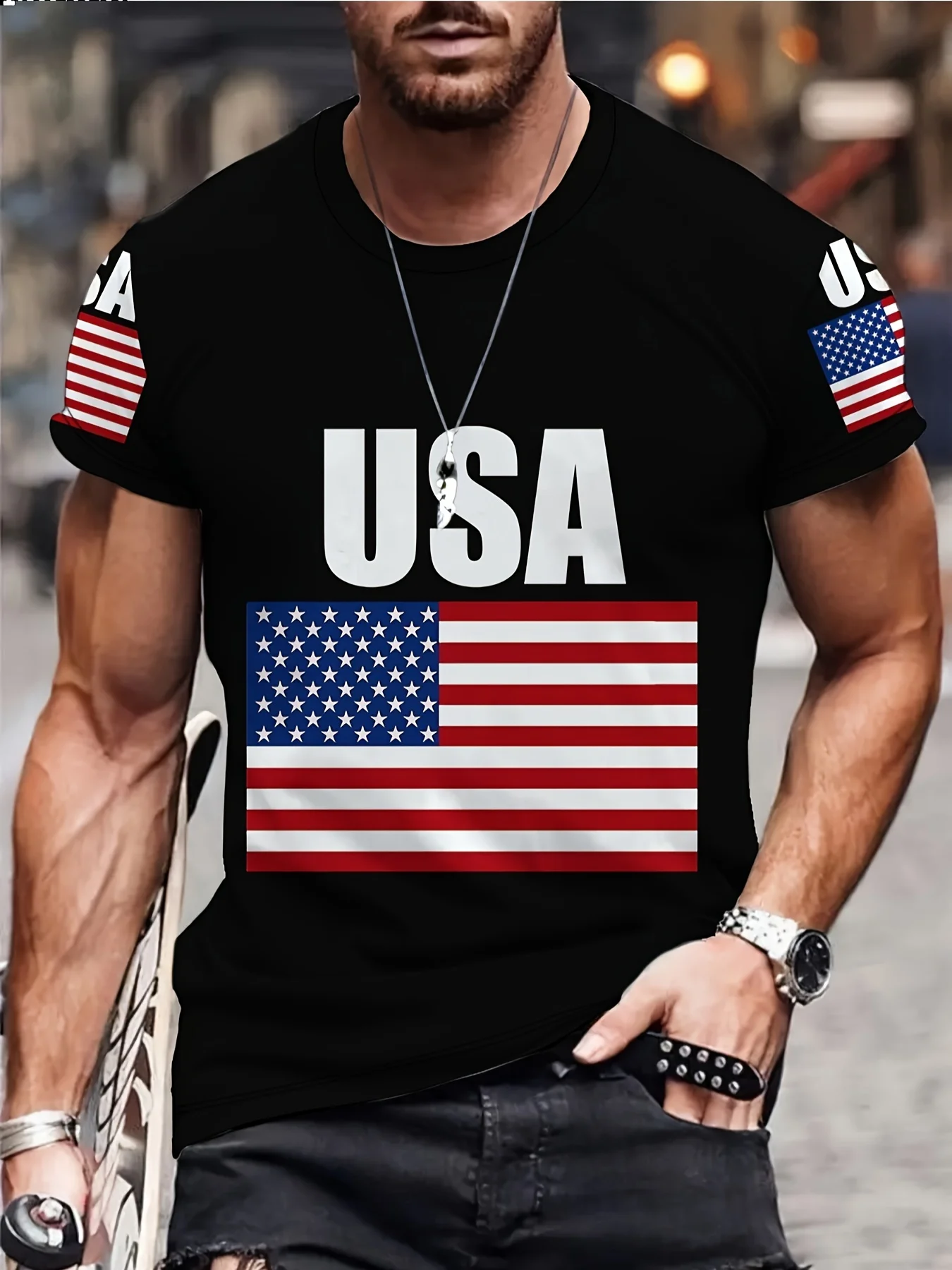 T-shirt pour homme avec drapeau américain, imprimé patriotique noir, col rond, manches courtes, décontracté, pour le 4 juillet