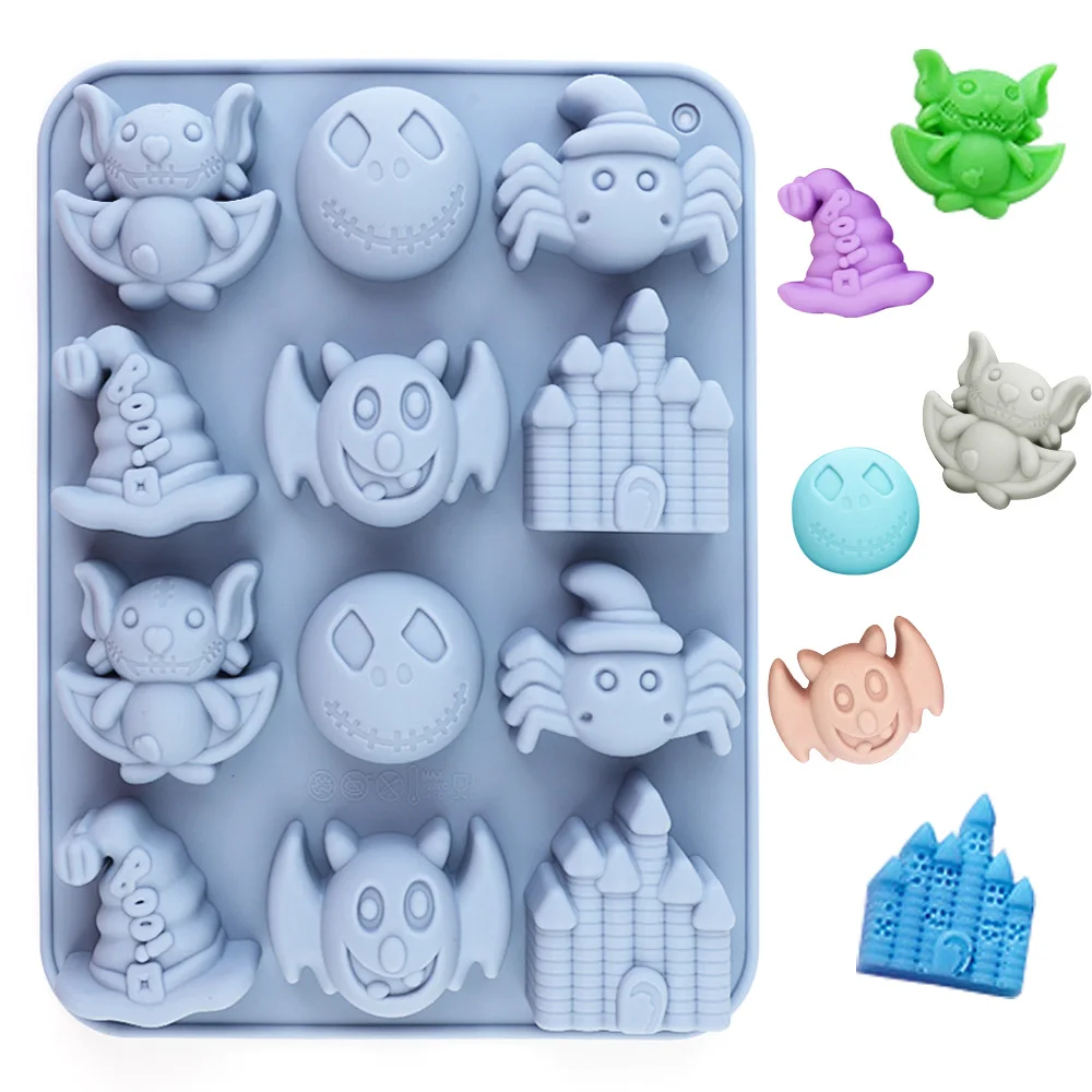Halloween-Themed Silicone Baking Molds: Featuring Three-Dimensional Shapes Such as Bats, Pumpkin Lanterns, Spiders, Witch Hats, and Haunted Houses, Suitable for Making Chocolates, Candies, Puddings, Cookies, Cupcake or Cake Decorations Made from Food-Grade Silicone, It Has a Wide Temperature Range, Is Easy to Demold, and Is Dishwasher Safe, Making It an Ideal Tool for Holiday Parties and Creative Desserts. – Detail 1