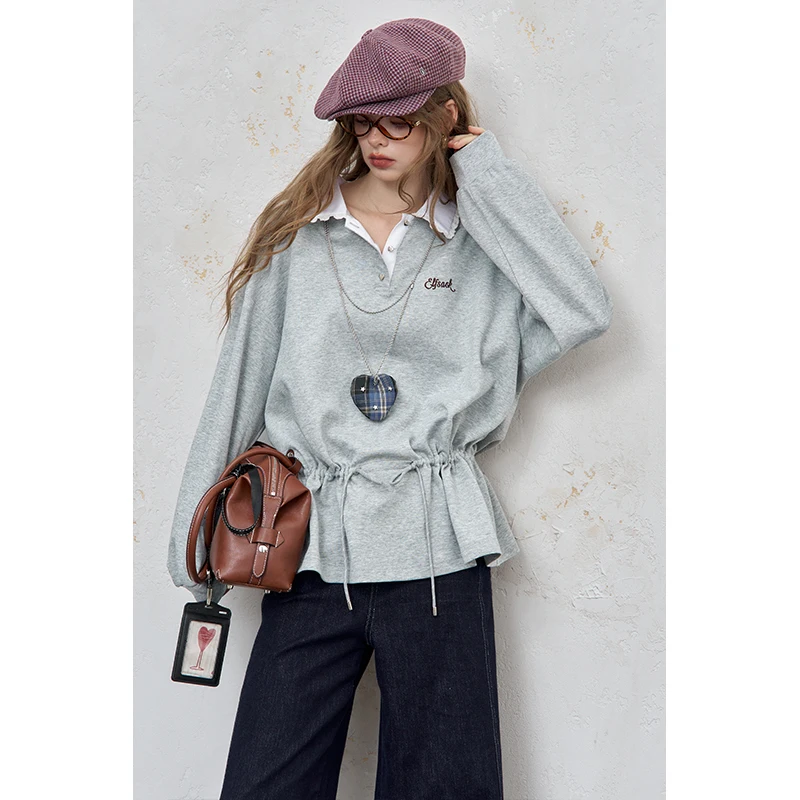 ELFSACK Women's Pullover Sweatshirt with Peter Pan Collar, Drawstring Waist Long Sleeve Top, Casual Loose Grey Sweatshirt