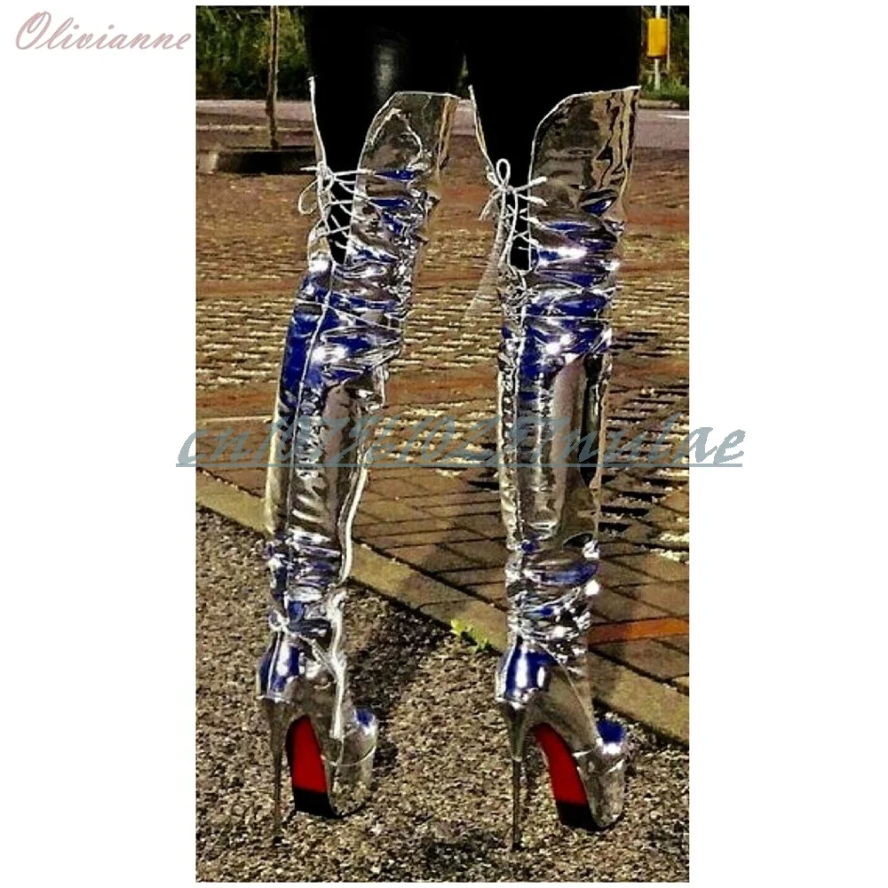 

Sliver Shiny Leather Back Strappy Over the Knee Boots Platform Stiletto High Heel Sexy 2025 Hot Girl Women Shoes Para Mujere