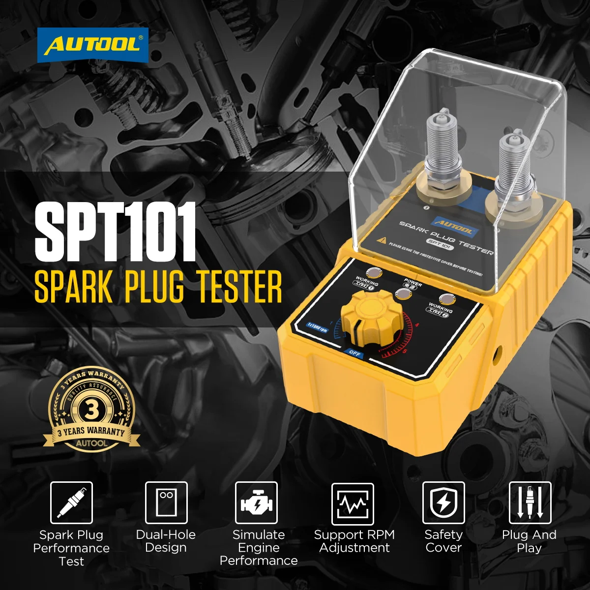 AUTOOL SPT101 Car Spark Plug Tester 12V Vehicle Tool with Auto Adjustable Double Hole Detector Ignition Plug Analyzer 110V/220V