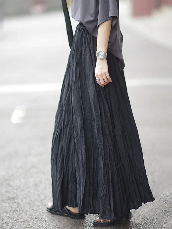 

Laid-ba Sle Maxi Skirt Pleated Flared Floor-Length Wrinkled Spring Summer Ankle-Length f-length Skirts for Women