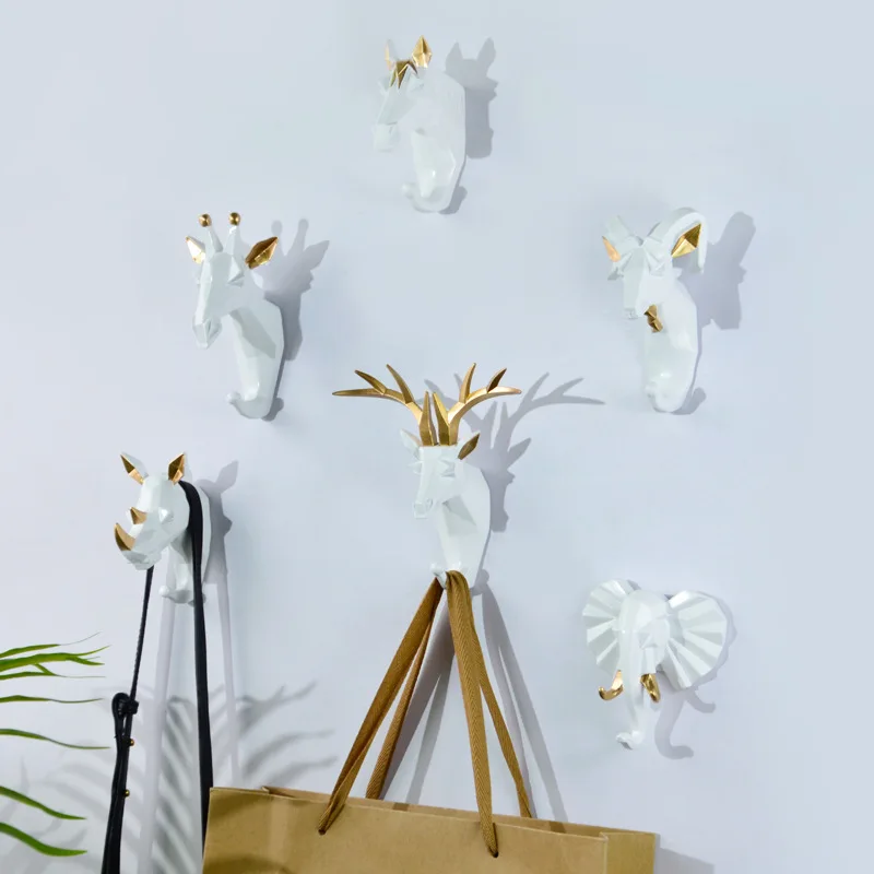 Modern Deer Head Animal Hook Hanging Clothes Hat Scarf Key Deer Horns Hanger Rack Wall rhino horn No punching Home Decoration