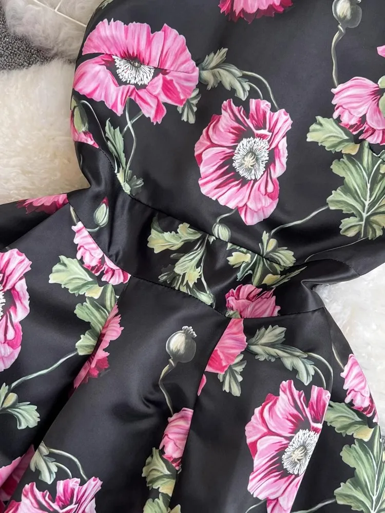 Robe Jacquard à fleurs pour femme, col en fibre, taille haute, imprimé floral, longueur longue mollet, robe de plage, robe de soirée éducative, précieuse, été