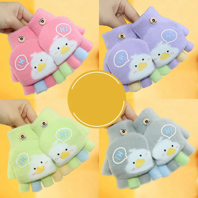 Children's Winter Gloves, Warm, Girls' Five-Finger Flip-Top, Thickened, Cute Knitted Half-Finger Gloves, Cartoon Chick Design for Babies and Kids