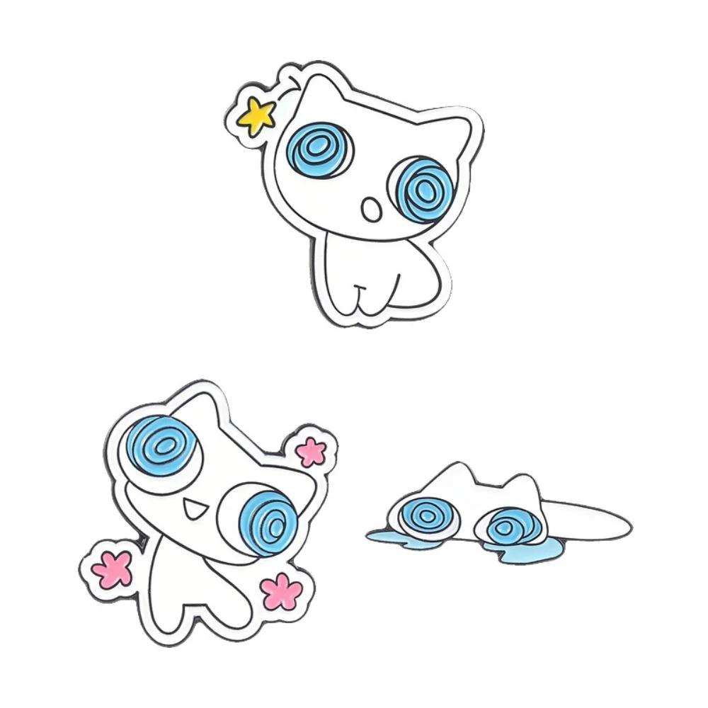 Cute Blushing Eye Cat Brooch 3-Piece Set Cartoon Funny Metal Badge Backpack Jacket Accessory Pin Decorartion