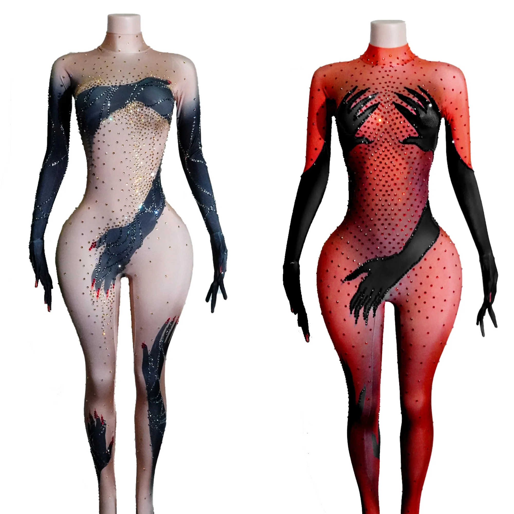 

Sexy Rhinestones Jumpsuit Gloves Women Evening Party Birthday Outfit Pole Dancer Performance Stage Bar Nightclub Drag Queen gogo