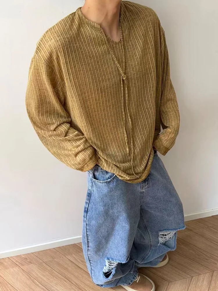 Daily Leisure Mens Breathable T Shirts 2026 Autumn Casual Solid Color Textured T-shirt For Men Vintage Drawstring V Neck Tees