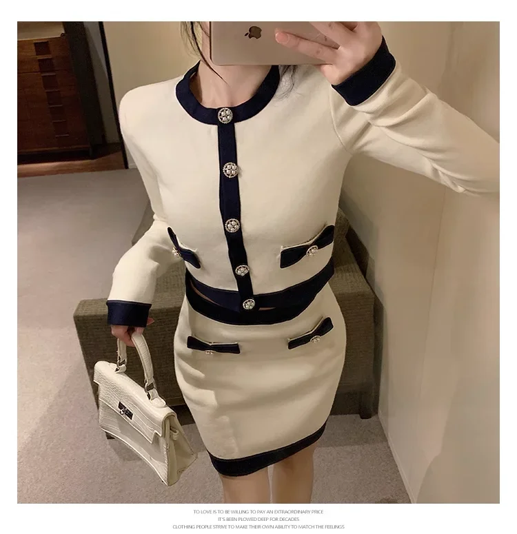 Ivory White Color Bow Knitting Set Women 2024 Early Spring Fashion Top + Mini Skirt 2PCS Suit