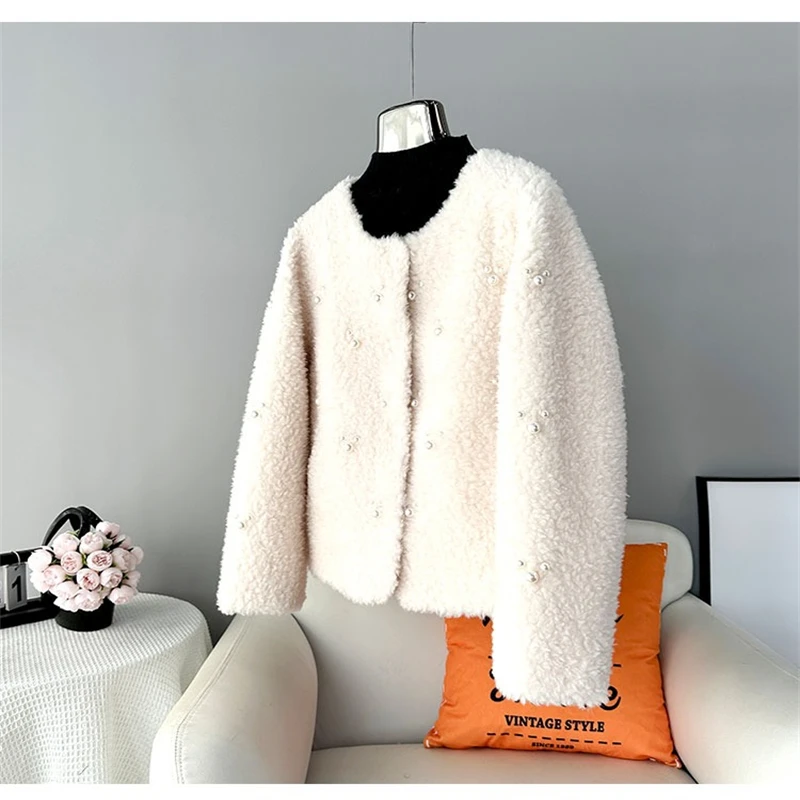 Dames Meisje Schapen Shearling Korte Jas Vrouwelijke Lamswol Elegante Parel Decoratie Warm Jt443