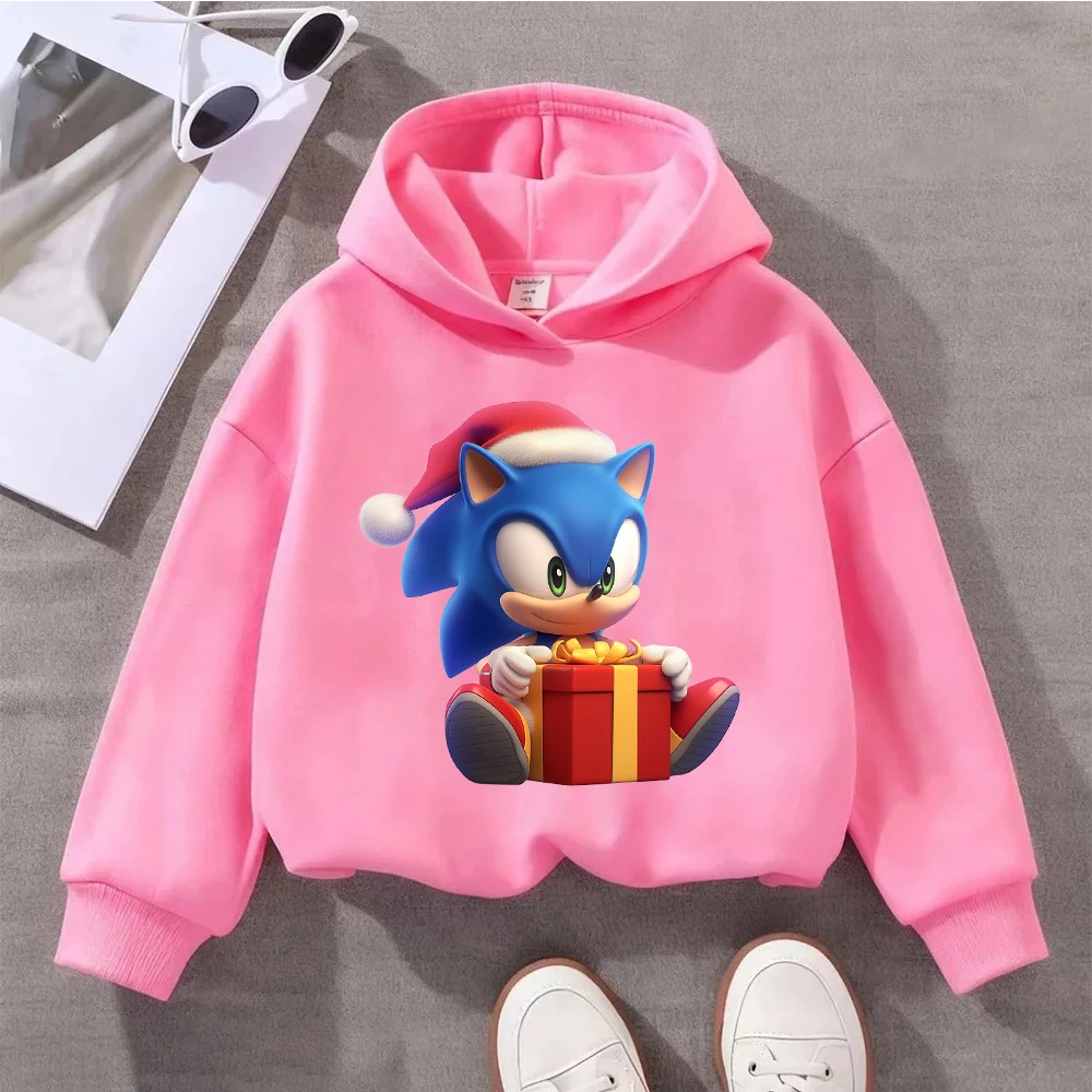 Sudadera de Navidad Sonic para niños y niñas, gorro de Papá Noel, erizo, regalo de árbol de Navidad, Sudadera con capucha gráfica, jersey de invierno informal para niños pequeños