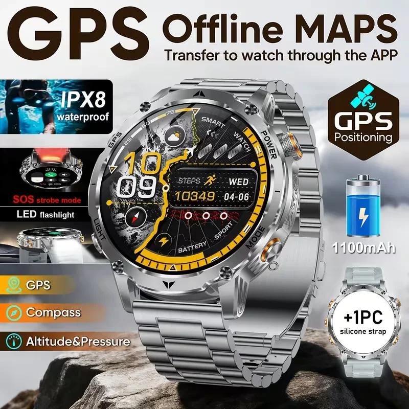 AK102 Smart Watch 1.7'' HD Display GPS Compass Altimeter Barometer 1100mAh Dual LED Flashlight 100+ Sports Modes BT Call Watch