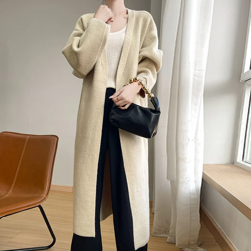 

Высококачественный камвольный кардиган из 100% шерсти, женский осенне-зимний кардиган с v-образным вырезом, утягивающее темпераментное пальто, пальто средней длины