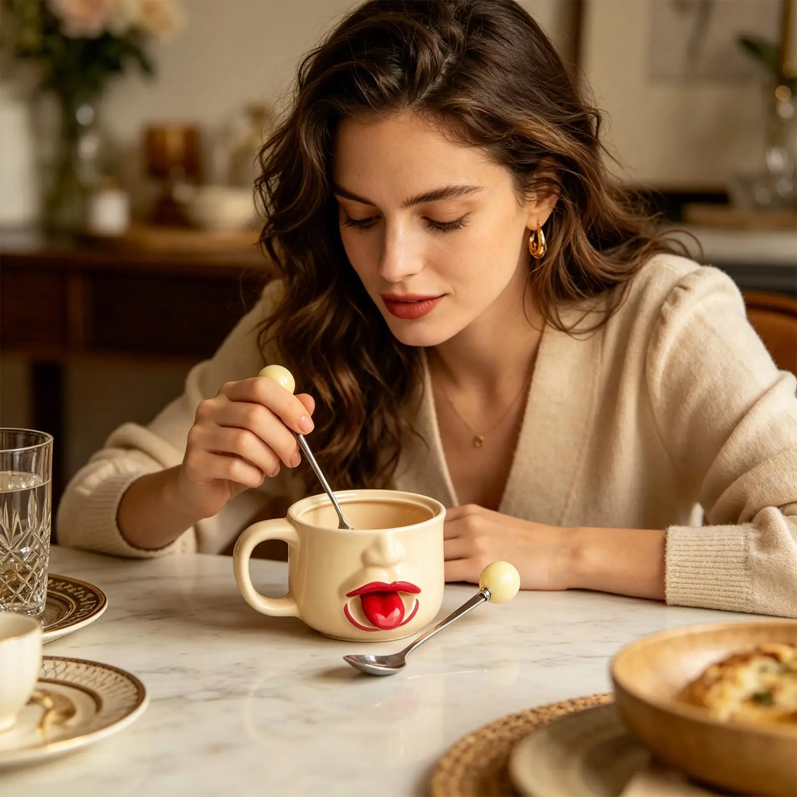 Novelty Coffee Mugs With Spoon Handle 255ml Drinkware Funny Interactive Tongue Ceramic Mug For Women Men Birthday Holiday