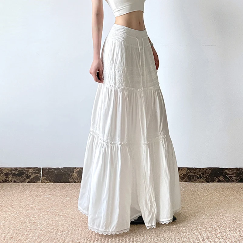 CIBBAR Elegant Lace Stitching Long Skirt Holiday Oversized Loose Low Rise White Floor-Length Skirts for Women y2k Fairycore Lady