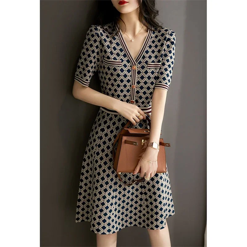 Summer New Elegant Fashion Diamond Printed Knitting Dress Female V-neck Waist Vintage Robe Women Temperament Vestidos De Fiesta