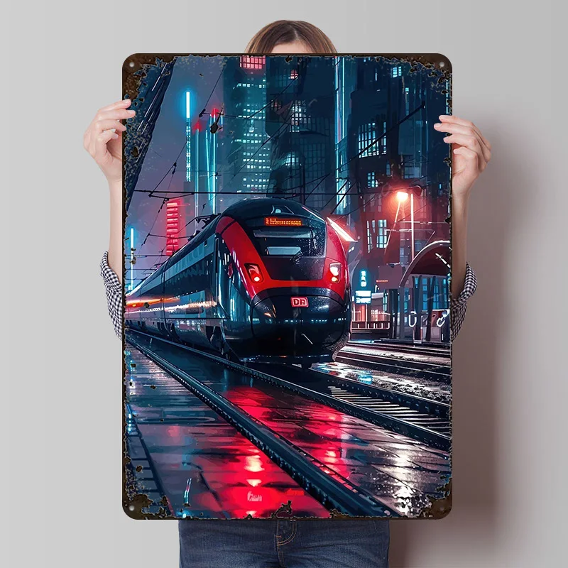 Futuristischer Zug in einer Neon-Stadt Poster Individualisierte Vintage Metallschilder Wandkunst Retro Blechschild für Wohnzimmer-Dekoration