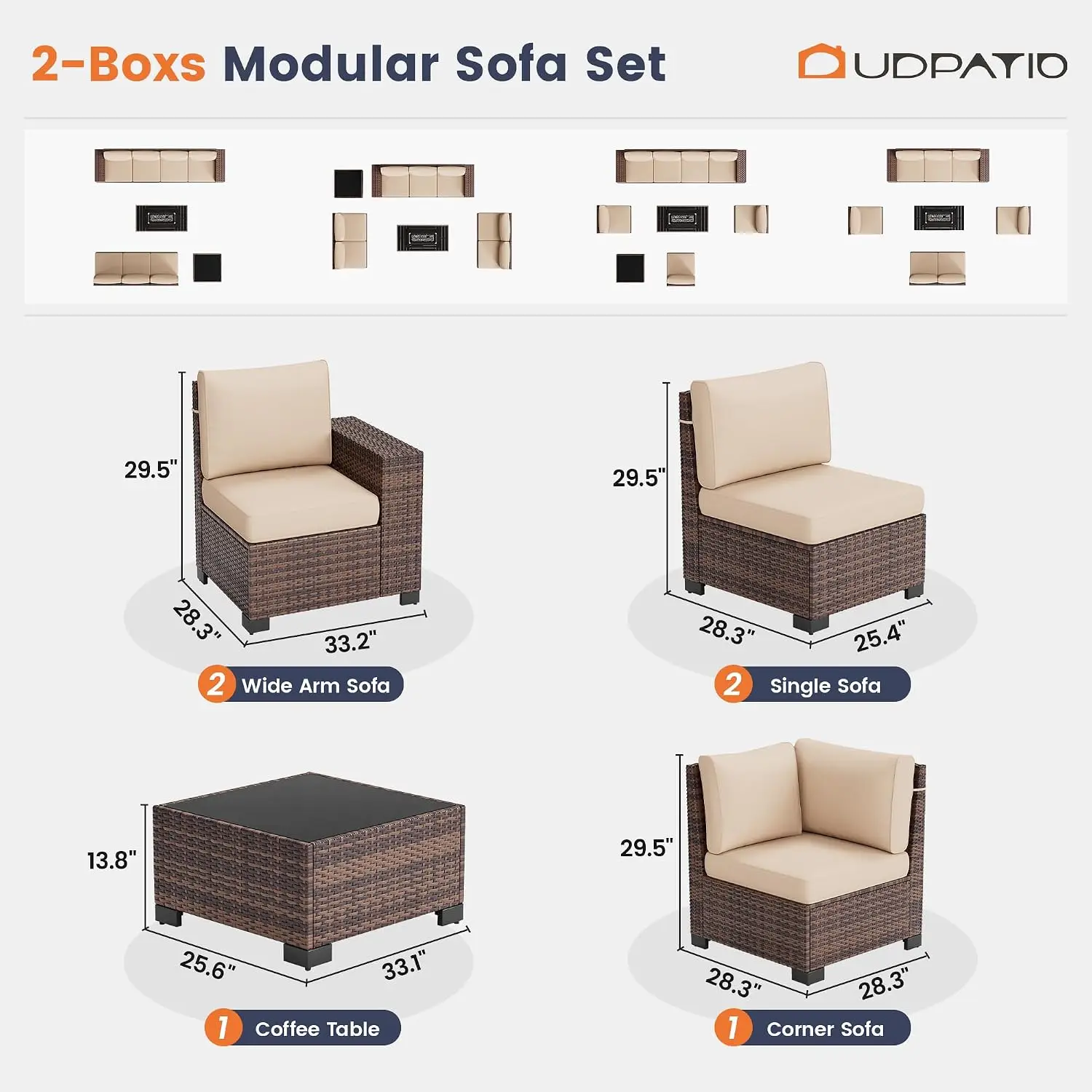 8 Inch Armrest Outdoor Sectional Sofa & Wicker Coffee Table Set 6 Piece Conversation Furniture for Garden Backyard, Customized