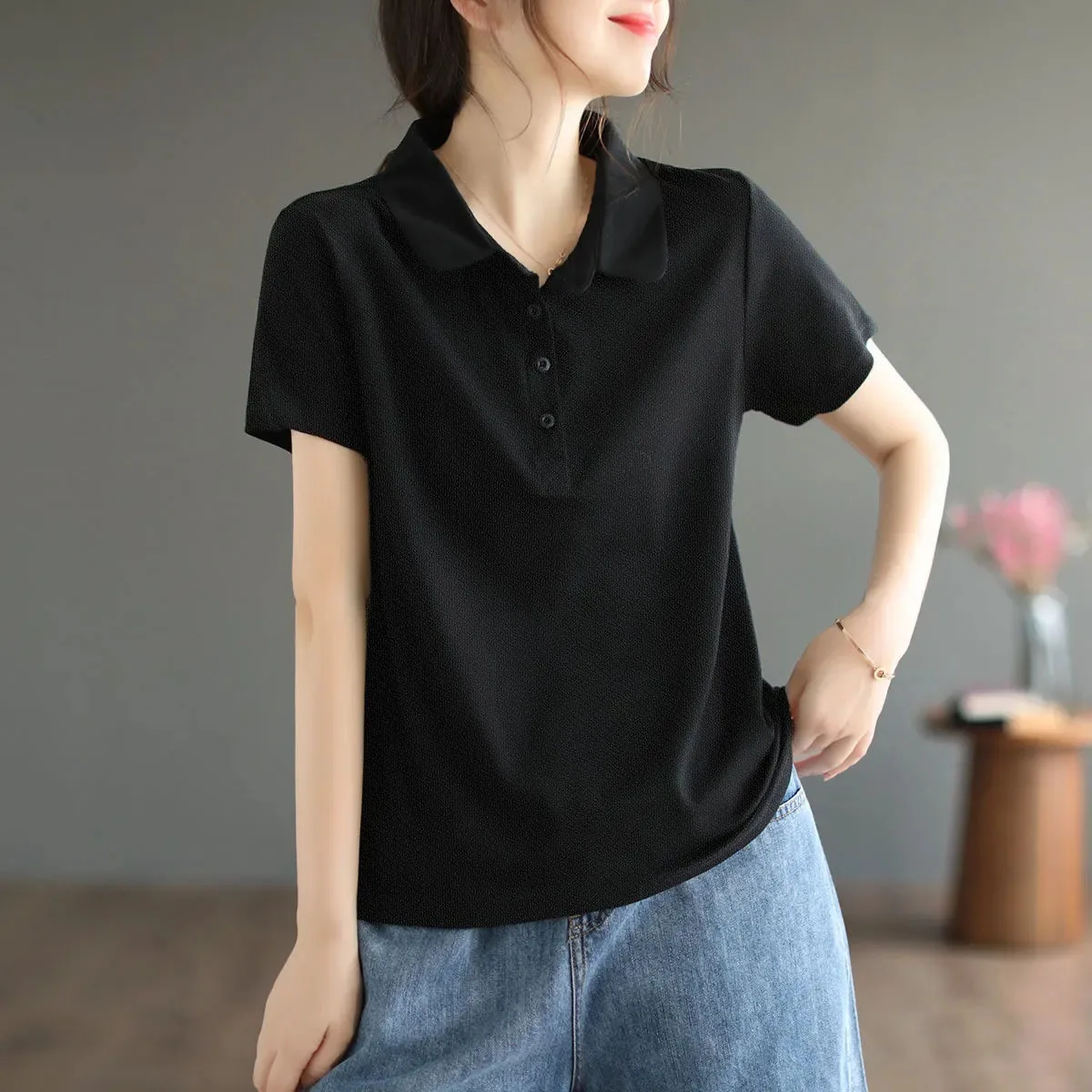 Autumn New In Basic T Shirt Long Sleeve Cotton Plus Size Cotton Polo T- Shirt Women Button Casual Office Lady Formal Women Tops