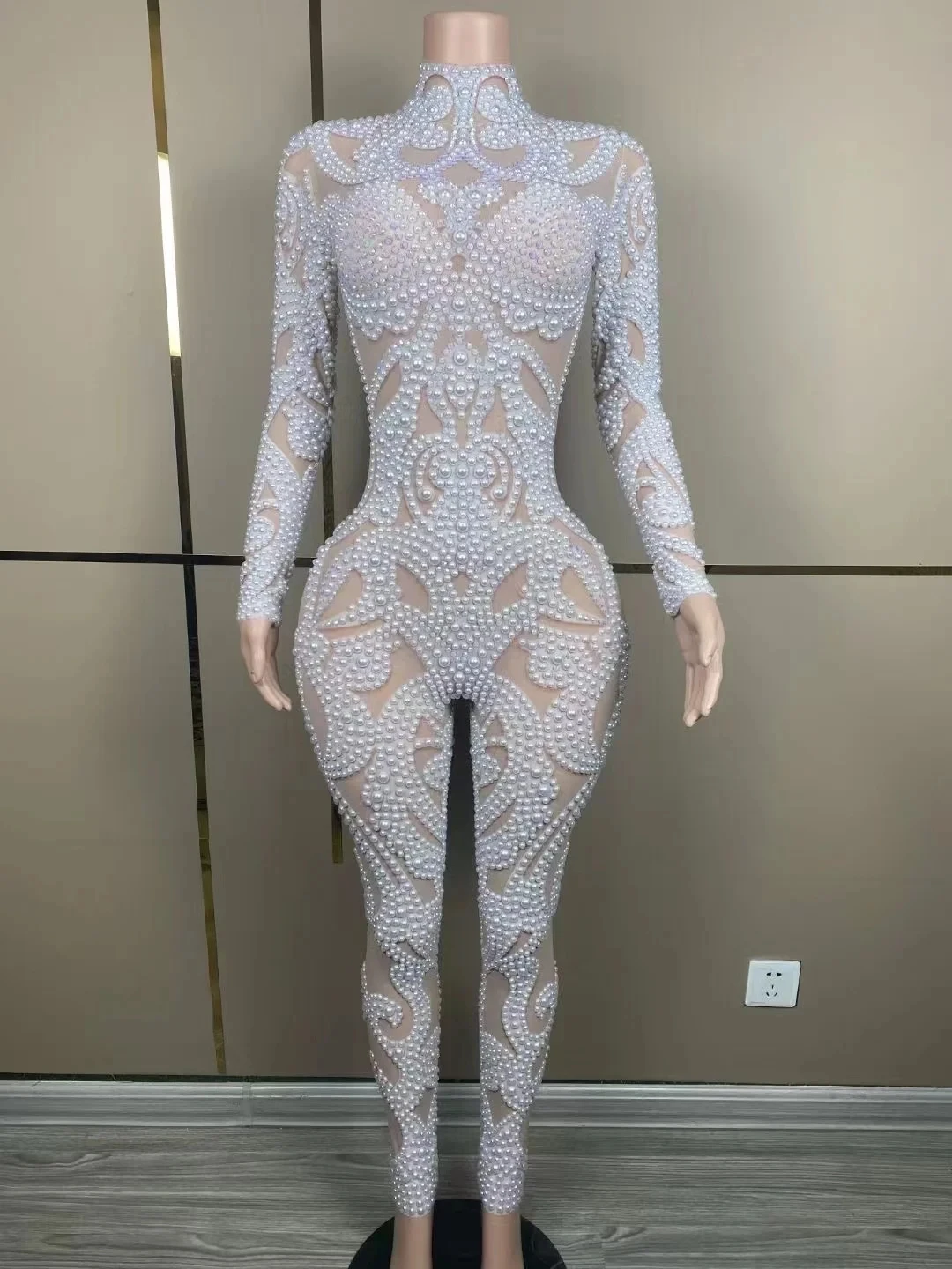 Luxury White Pearls Long Sleeves Women Bodysuit Transparent Mesh Outfit Christmas Party Dance Show Stage Performance Costume