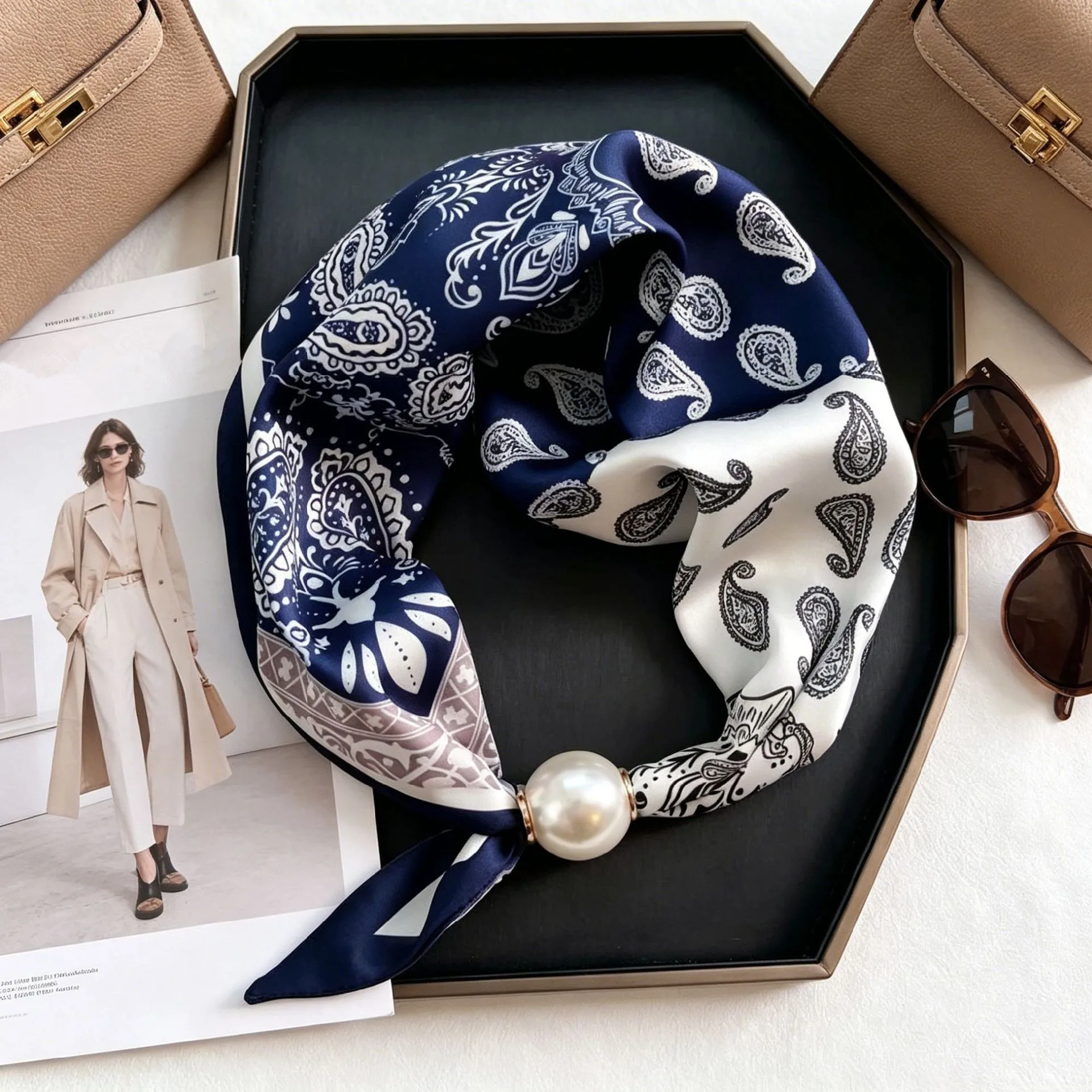 Luxuriöser dünner Sommer-Seidenschal für Damen mit Perlen, magnetischer Schnalle, eleganter Halstuch für Mädchen mit süßem Anhänger und Schlüsselbeinkette – Detail 2