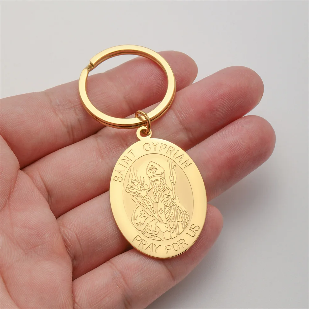 EUEAVAN Vintage Saint Cyprian Pray for Us Keychain for Women Men Stainless Steel Travel blessing Catholic Medal Keyring Jewelry