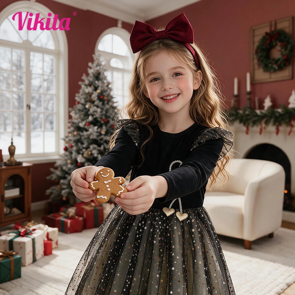 VIKITA Girls Sparkly Star Tulle Mesh Party Princess Long Sleeve Dress Kids Christmas New Year Casual Holiday Pageant Outfit Gift