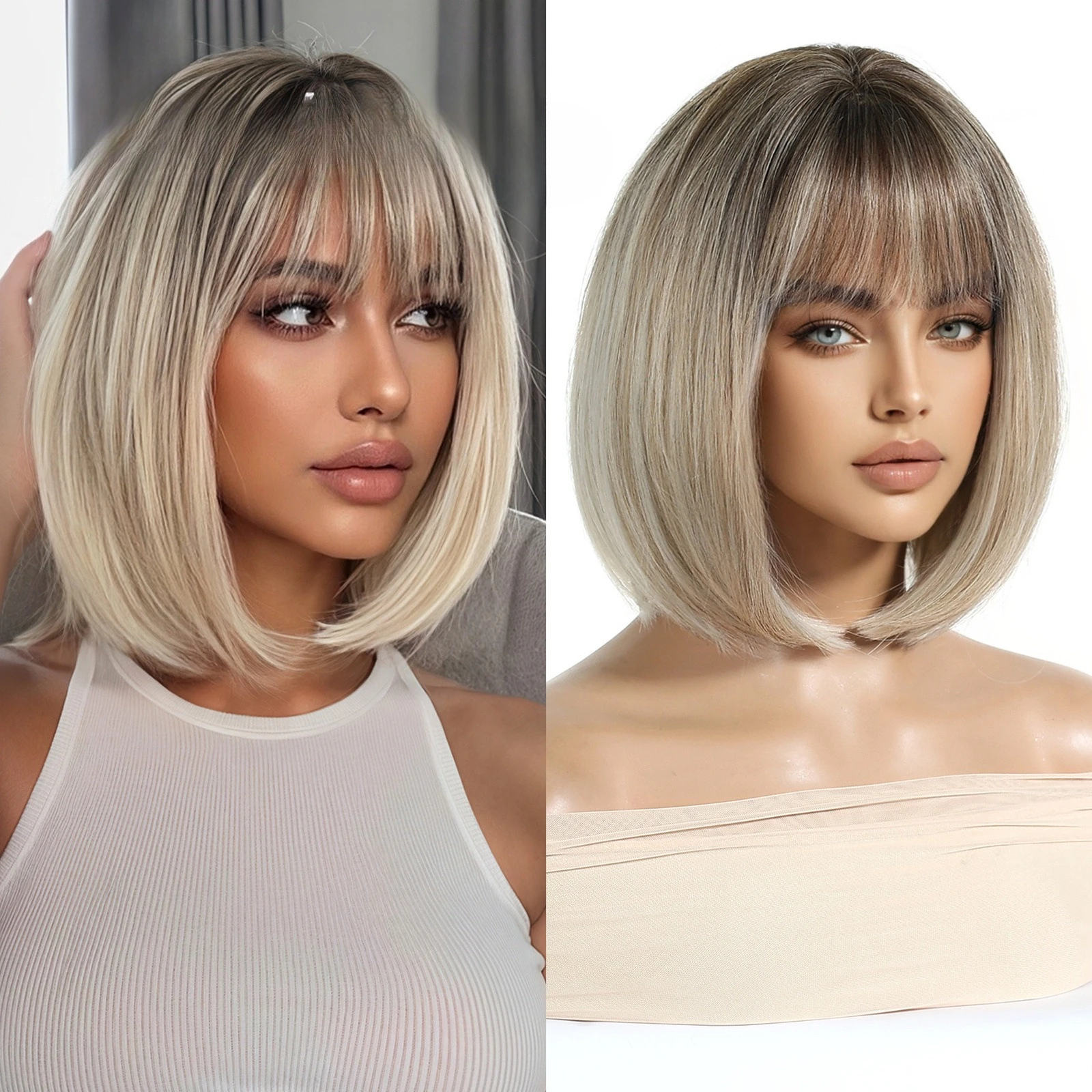 

Wig women's new Bobo head full head cover short straight hair natural whole top shape