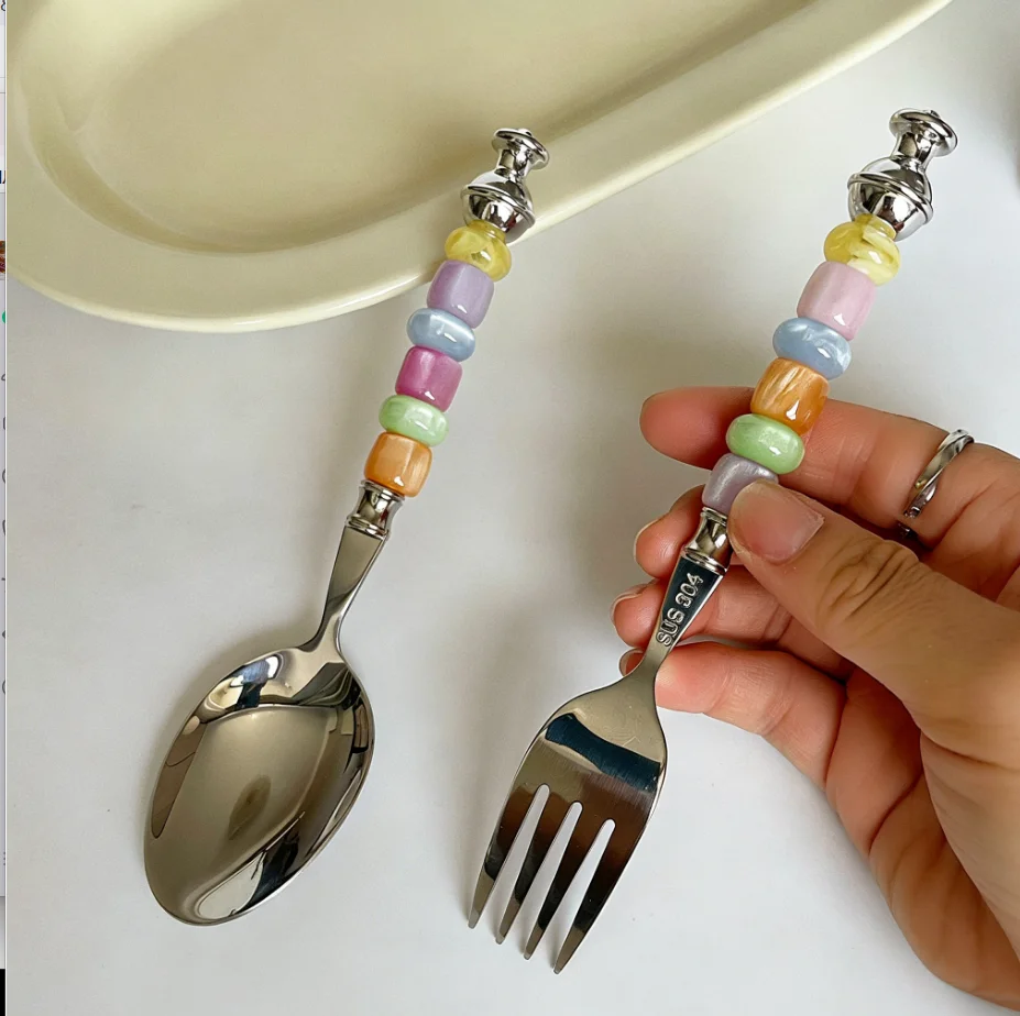 Cute Colorful Beaded Stainless Steel Spoon & Fork Set -  Aesthetic Utensils for Dessert, Fruit & Coffee