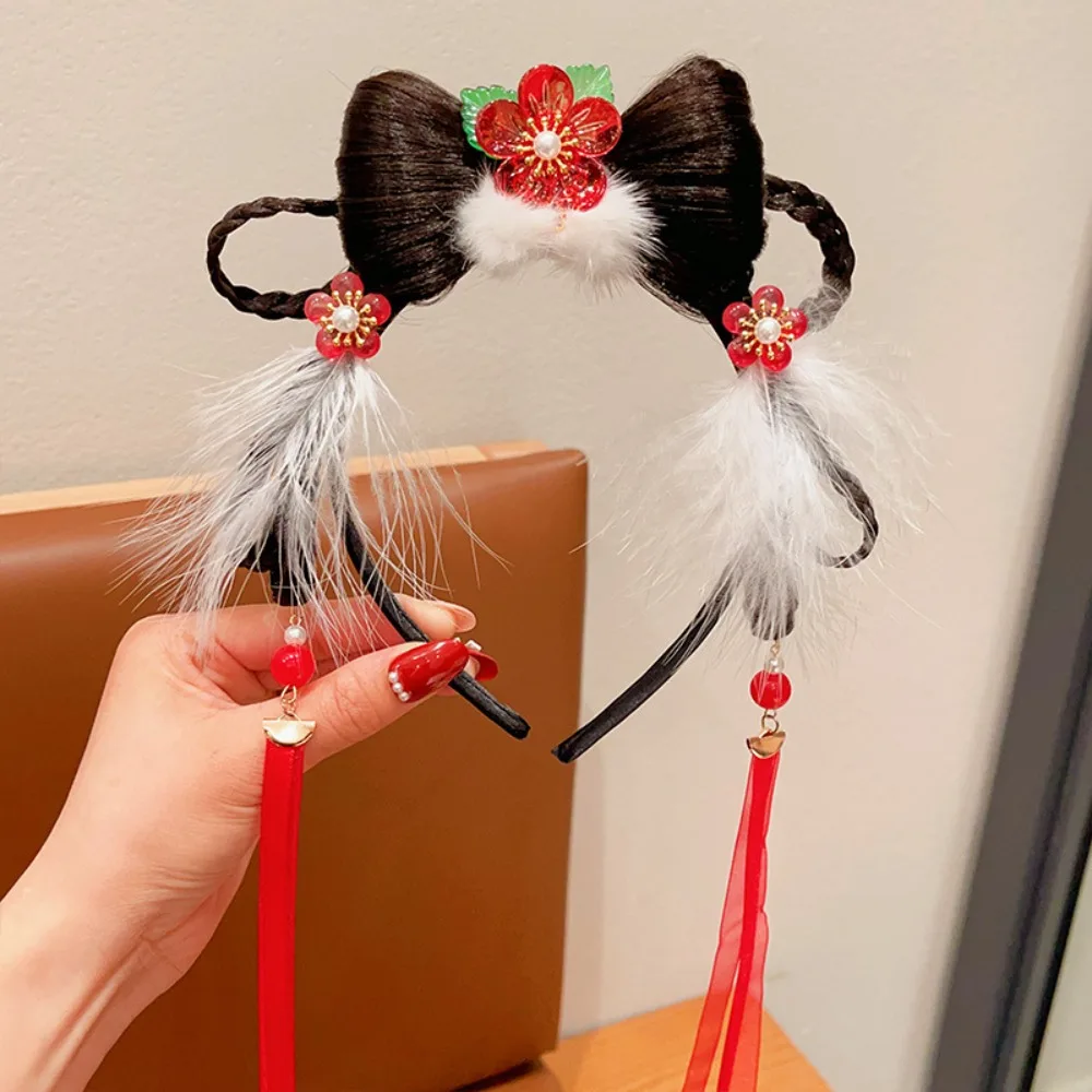 

Flower Children Wig Headband Braid Hair Tang Suit Hair Hoop Chinese New Year Headwear Tassel Girl Hair Accessories