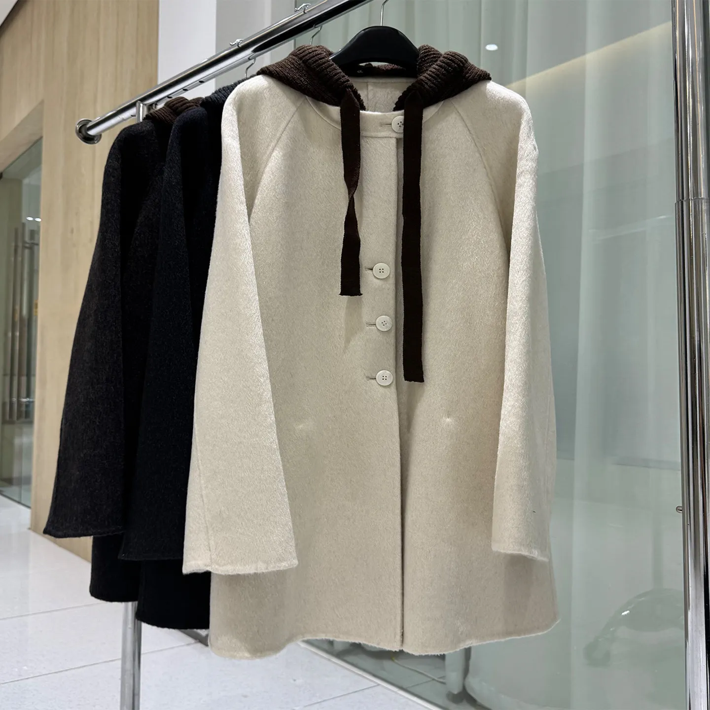 Women Knit Hood Midi Double Faced Wool Coat Korean Style Loose Warm Woolen Outerwear New Autumn Winter Hand Sewn Wool Blend Coat
