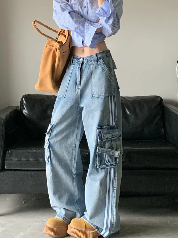 ADAgirl Stripe Blue Cargo Jeans donna Y2k Harajuku pantaloni larghi Vintage coreani a vita alta in Denim pantaloni Hip Hop causali femminili