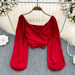 Chemisier slim croisé à manches longues bouffantes pour femmes, haut court plissé, chemise sexy, vêtements chauds, mode coréenne, printemps, automne