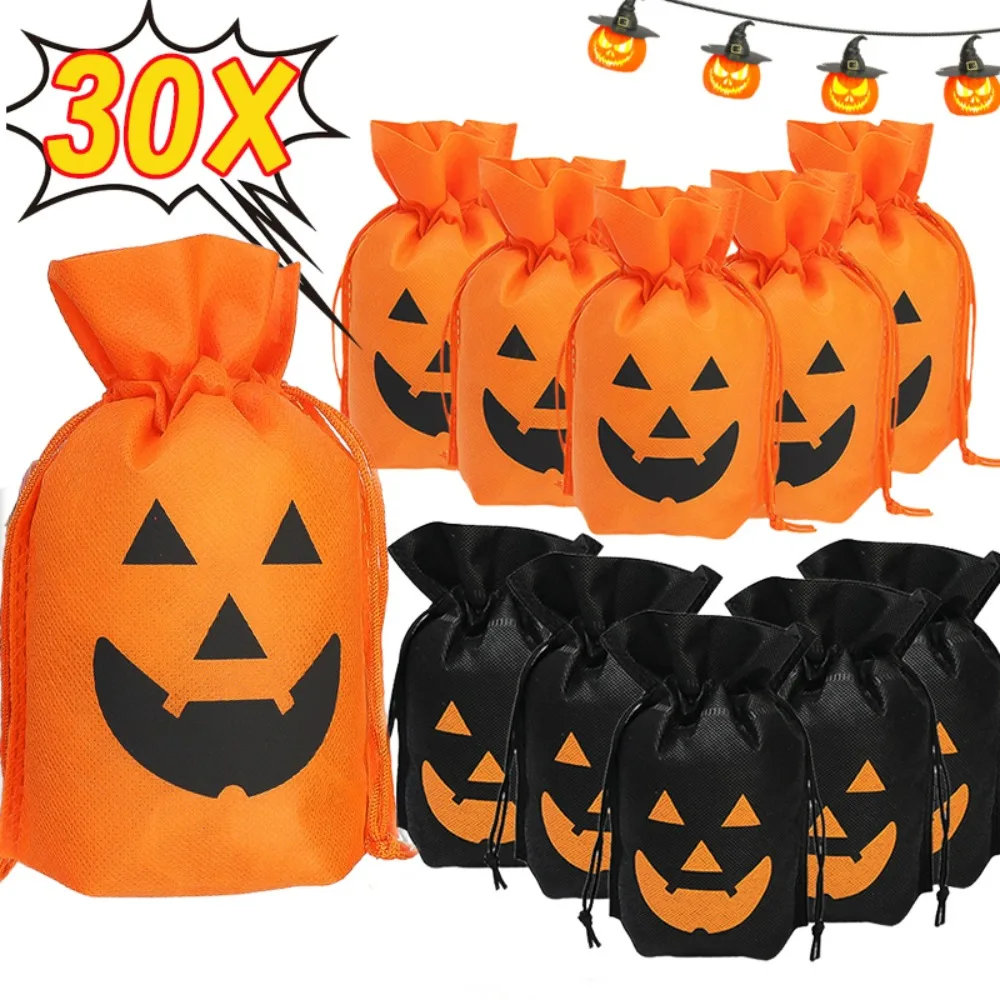 

30/5PCS Halloween Candy Bag with Drawstring Non-woven Fabric Biscuit Snack Bag Pumpkin Gift Bag Kids Halloween Party Decorations