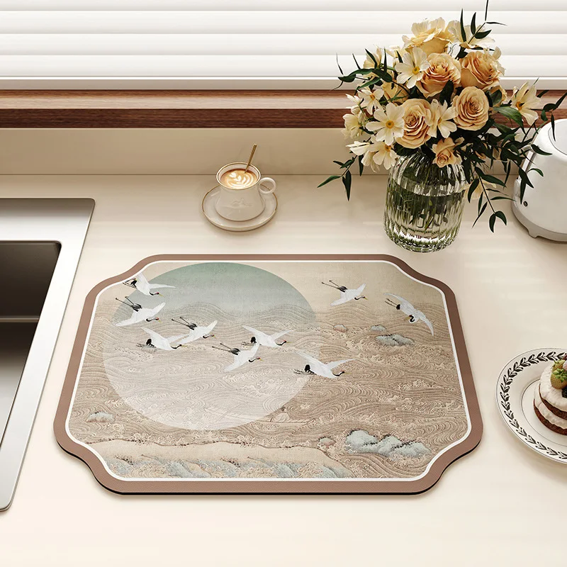 VIKAMA ink lotus chinese zen waterproof kitchen mat harmony peace minimalist oriental kitchen countertop absorbent anti-slip pad