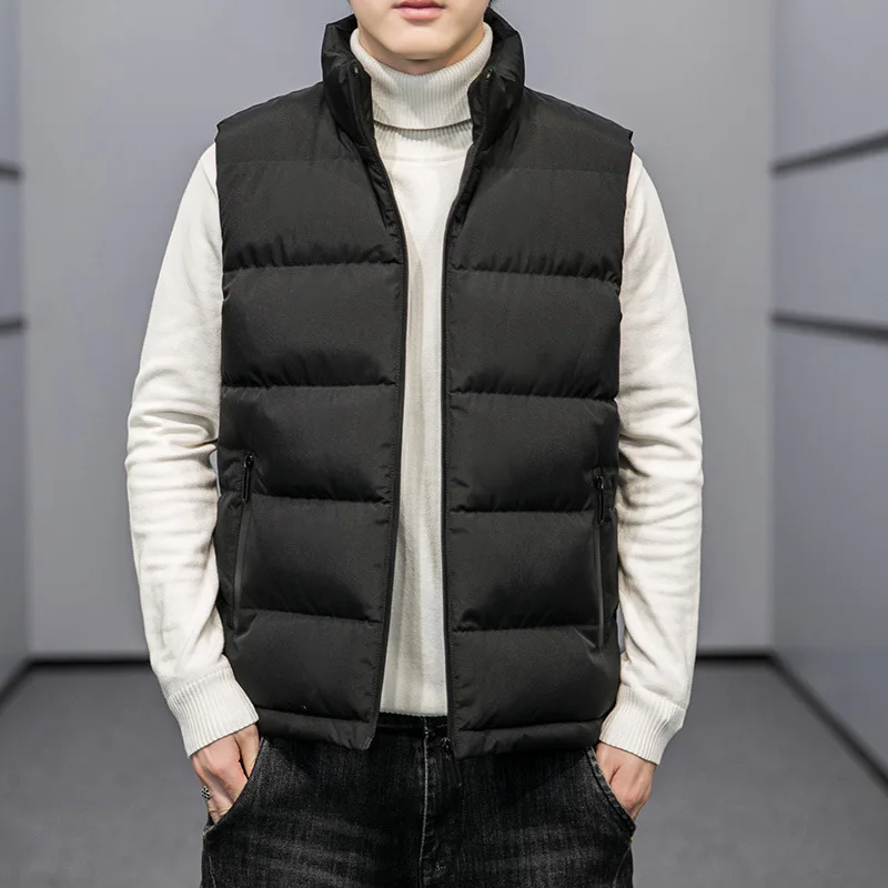 秋冬メンズスリムフィットノースリーブスタンドカラーベスト無地厚手ダウンコットンジャケットカジュアルジッパーウエストコート