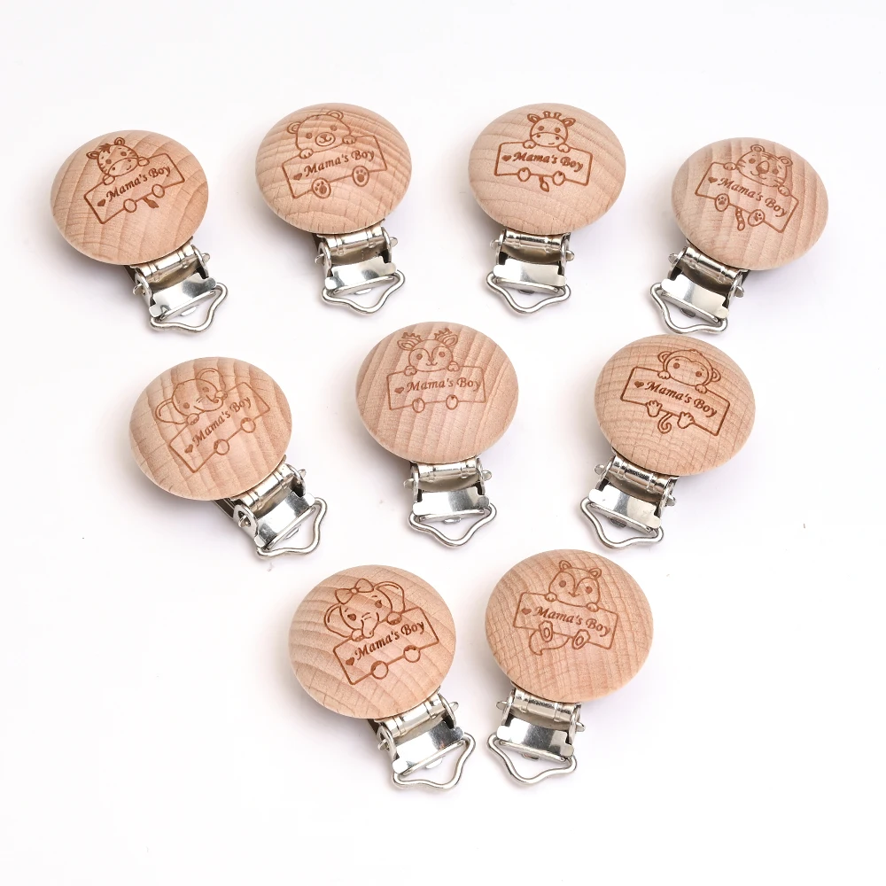 6Pcs Schöne Stil Buche Holz Clip Cartoon Tier Muster Schnuller Kette für Baby DIY Beißring Dummy Clip Zubehör