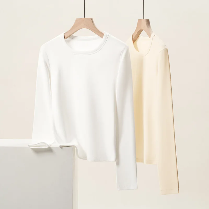 T-shirt Women's Casual Spring Autumn Winter Long-sleeve Fleece T-shirt Plain Colour Keep Warm Slim Fit Round Neck Top Lady Girl