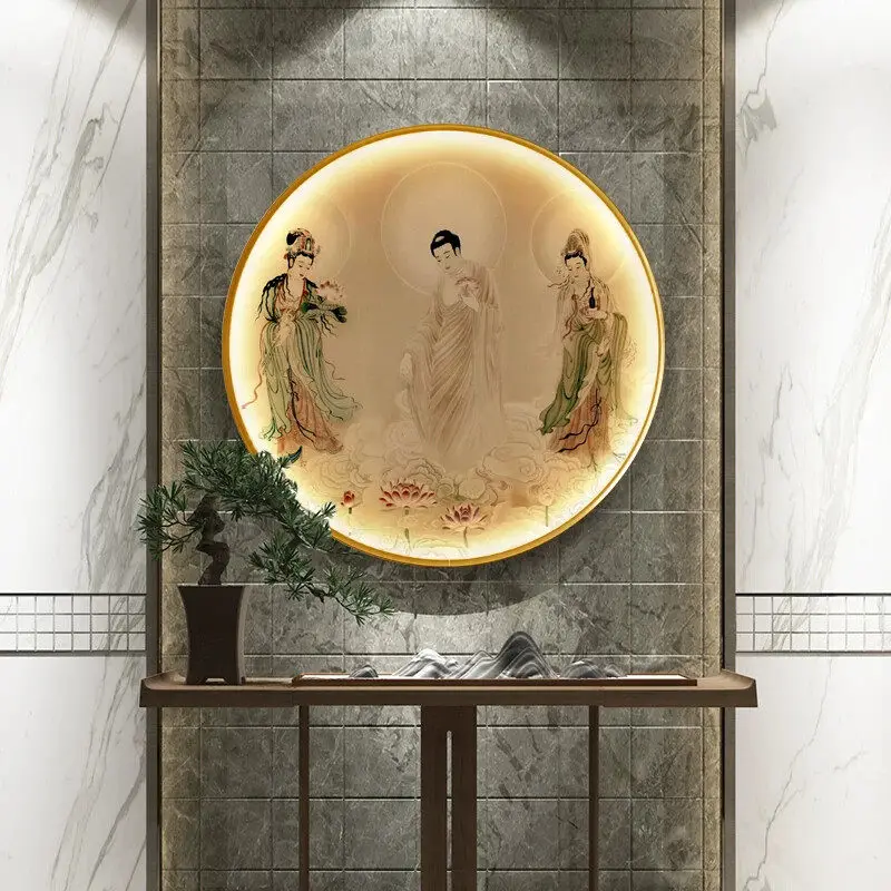 

Cz western three saints hanging painting statue mural worshiping hall statue guan yin luminous round decorative painting