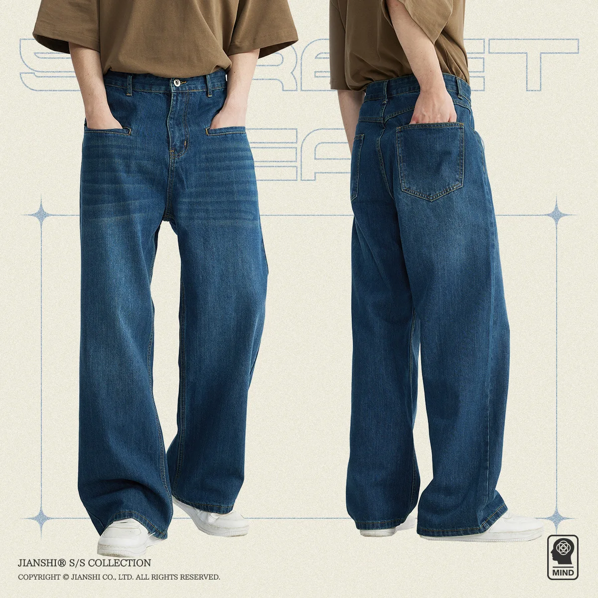 BONXUY Retro front pockets design straight jeans men Korean version of the loose wide-legged pants trailing casual long pants