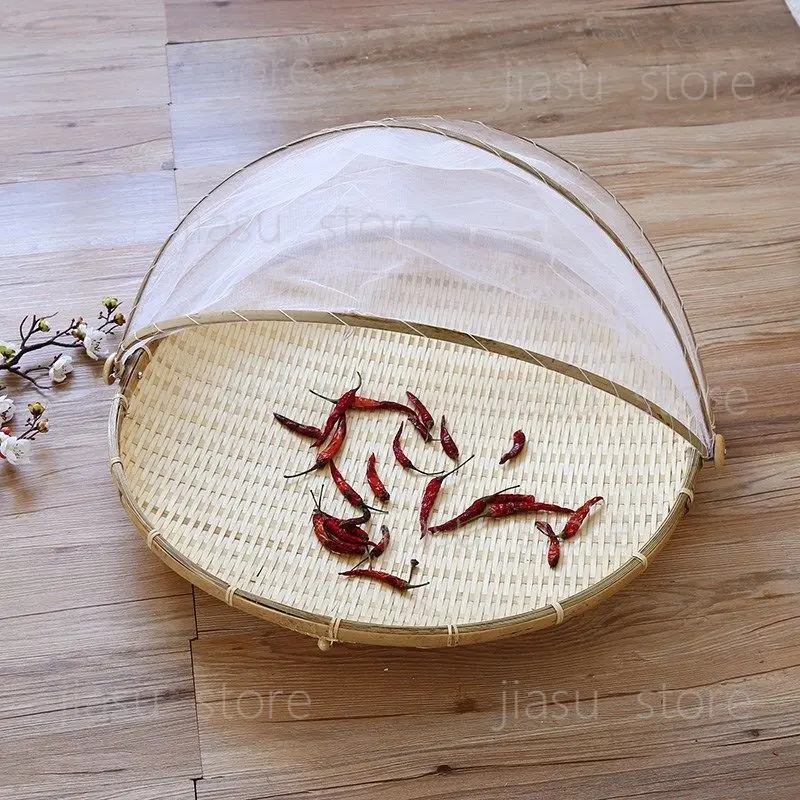 Anti Insect Bamboo Basket With Gauze Cover Household Food Sun Drying Handmade Basket