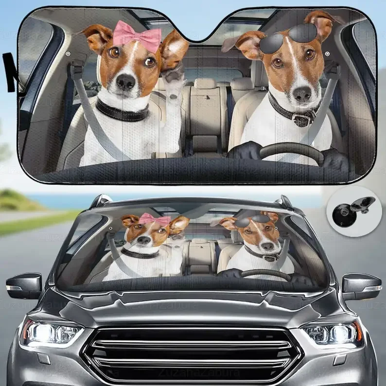 Jack Russell Couple Car Sun Shade, Dog Auto Sun Shade, Animal Automobile Decoration, Windshield Sunshade, New Car Visor Gift