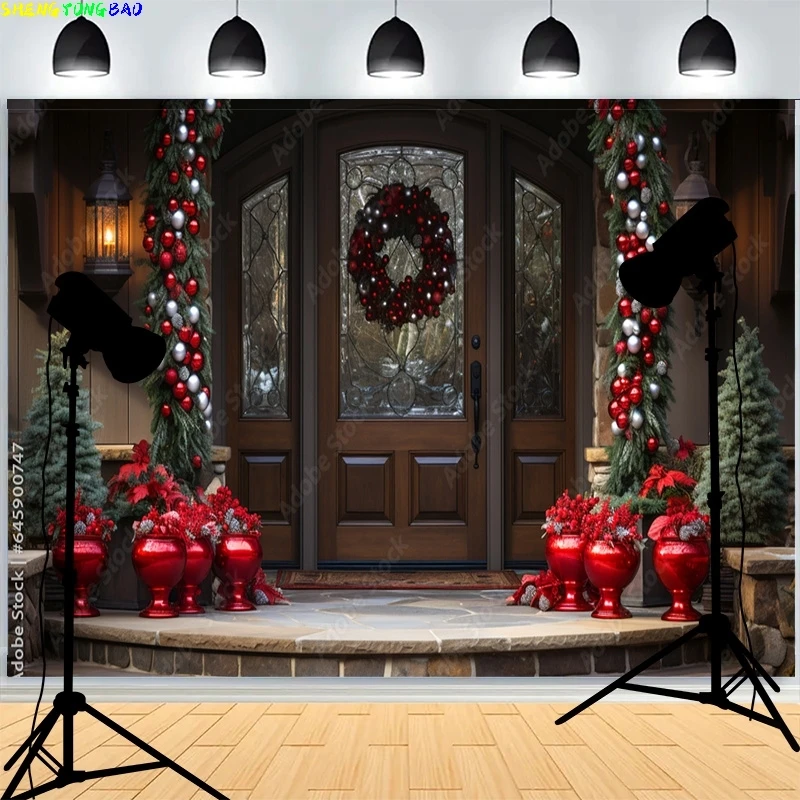 

Front Door Window Christmas Day Wreach Photography Backdrops New Year Living Room Portrait Holiday Party Photo Background DD-14