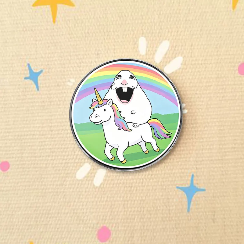 Meme Creature Riding Unicorn UV Printing Badge Rainbow Cartoon Graphic Pin Funny Weird Art Metal Brooch Lapel Jewelry Gift