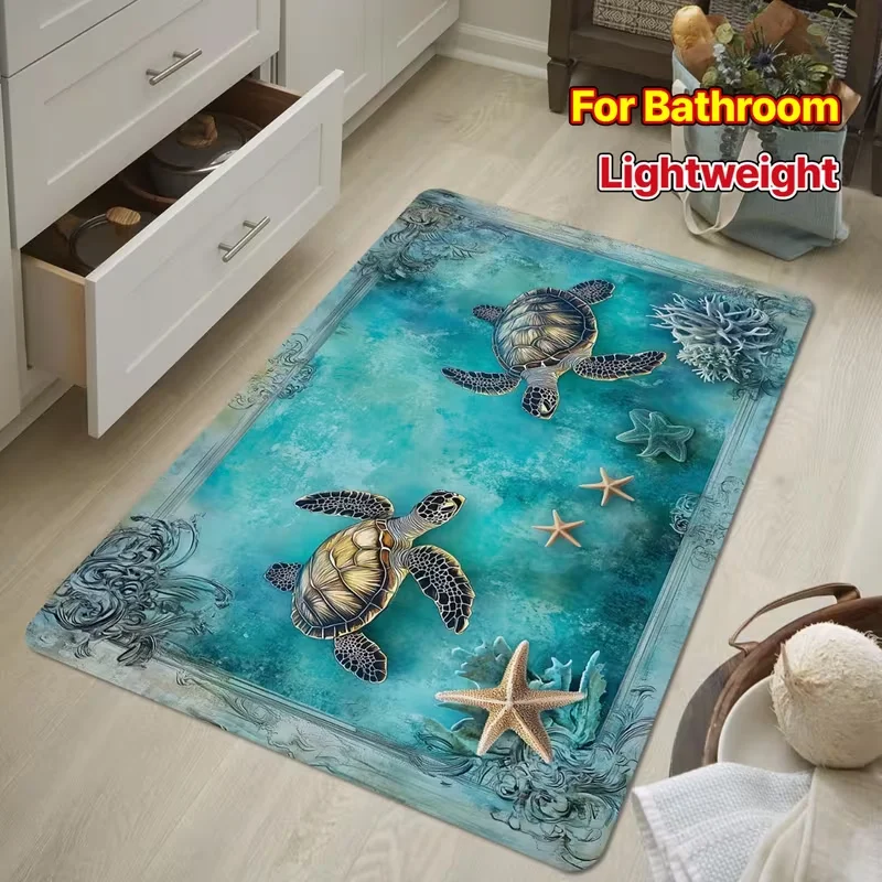 Vintage Ocean-Themed Turtle Starfish Coral Non-Slip Bath Soft Marine Life Mat for Bathroom, Entryway, Room, Beach House Decor