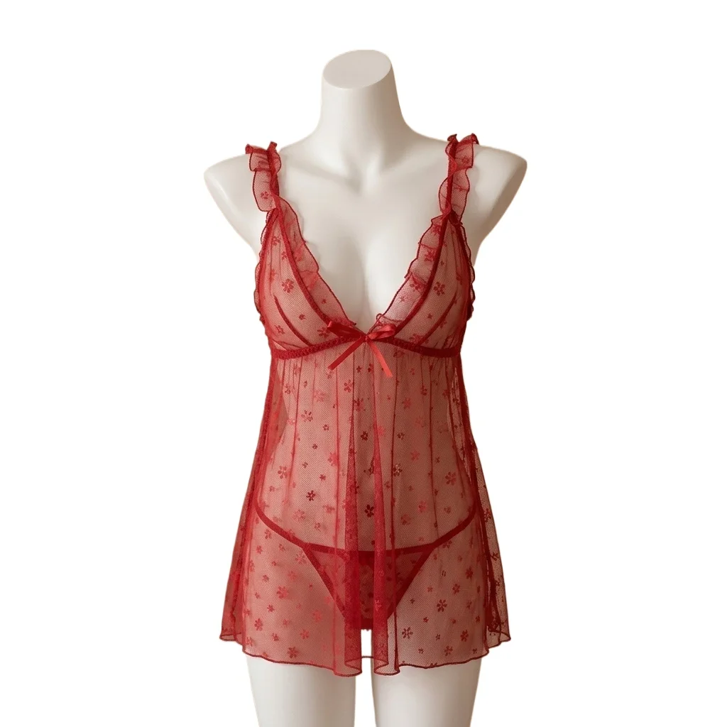 Lingerie Women Dot Transparent Sleepwear Beading Bow Decration Pajama Set Lace Nightdress and G-string Date Gift