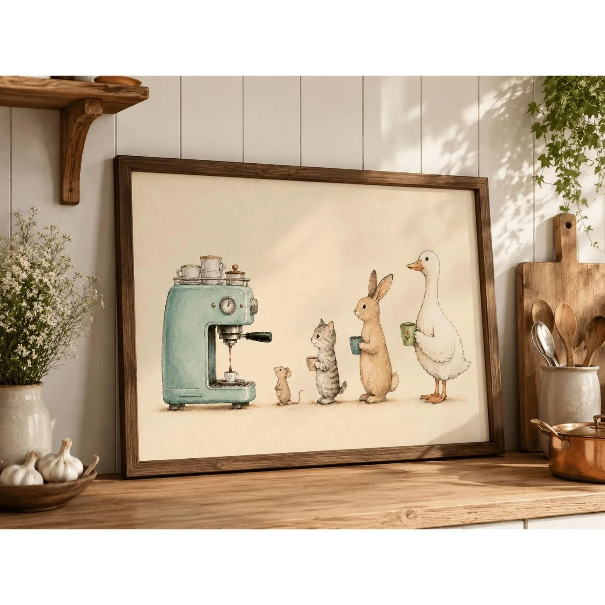 Funny Animal Coffee Canvas Prints Poster Whimsical Cute Rabbit Duck Cat Mouse Coffee Queue Art Prints Kitchen Home Decor Poster