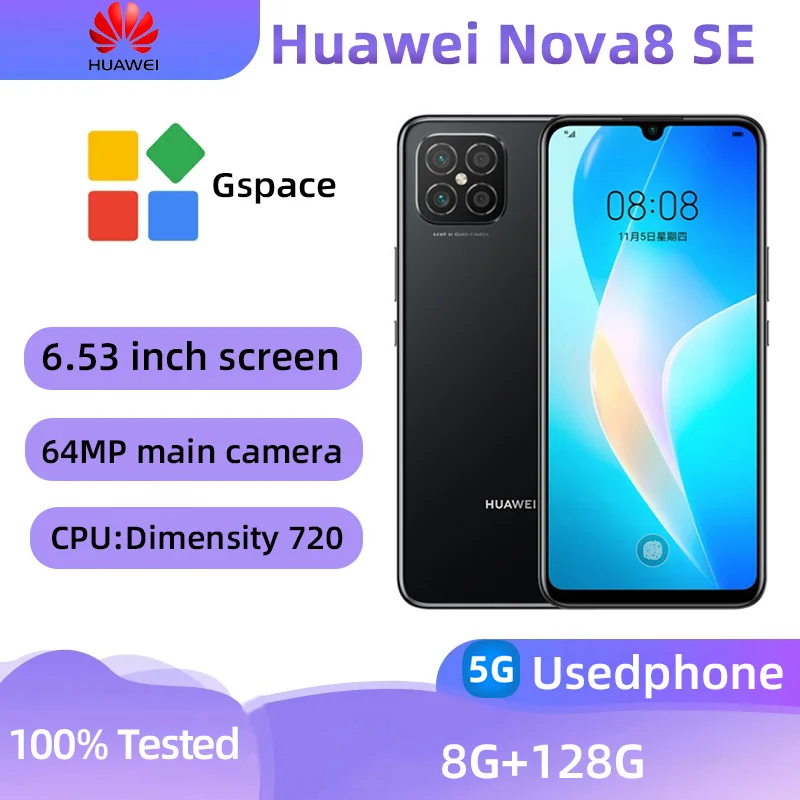 Huawei Nova 8 SE 5g Android 6.53inch OLED Screen CPU Dimensity 720 64.0MP Camera Unlocked Used Phone