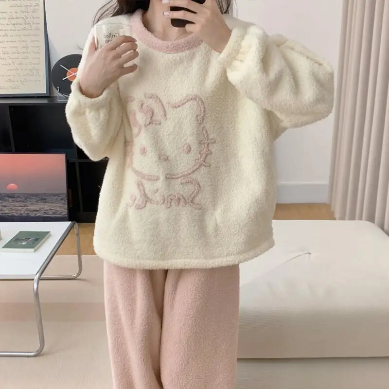 

Sanrio пижамы из кораллового флиса, 2 шт., домашняя одежда с героями мультфильмов «Hello Kitty», зимняя утепленная флисовая полуфлисовая милая одежда, хит продаж