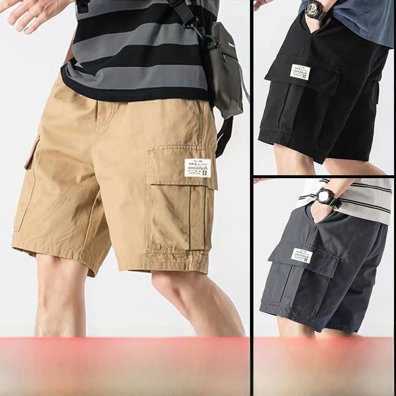 

Khaki Workwear ort Pants Men's Loose Straight Casual Beach Five-Quarter Length Trousers Summer Faion ket Detail Polyes...